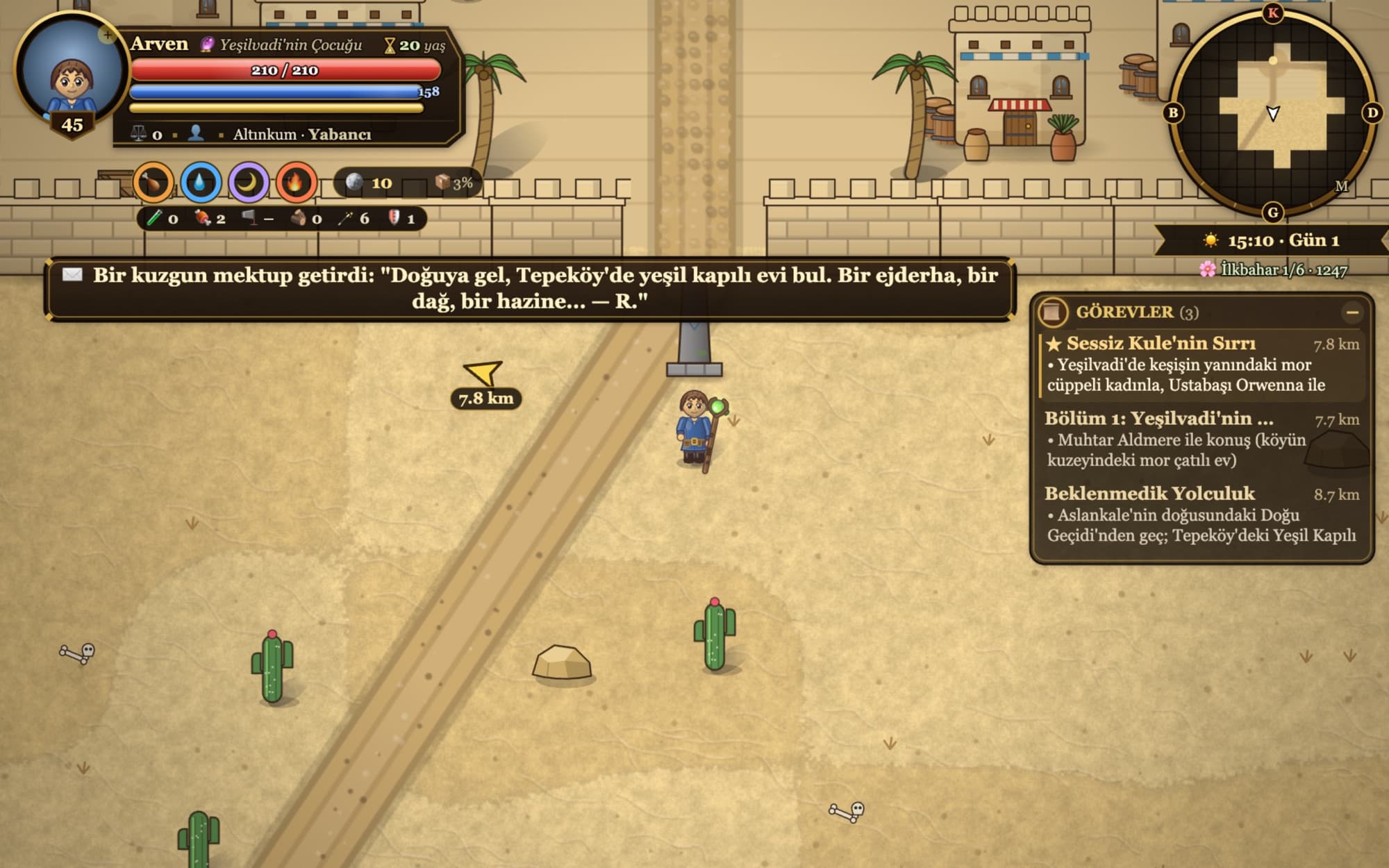 Altınkum desert crossing with sand dunes, cacti and a palm-lined outpost, with a raven letter notification at the top