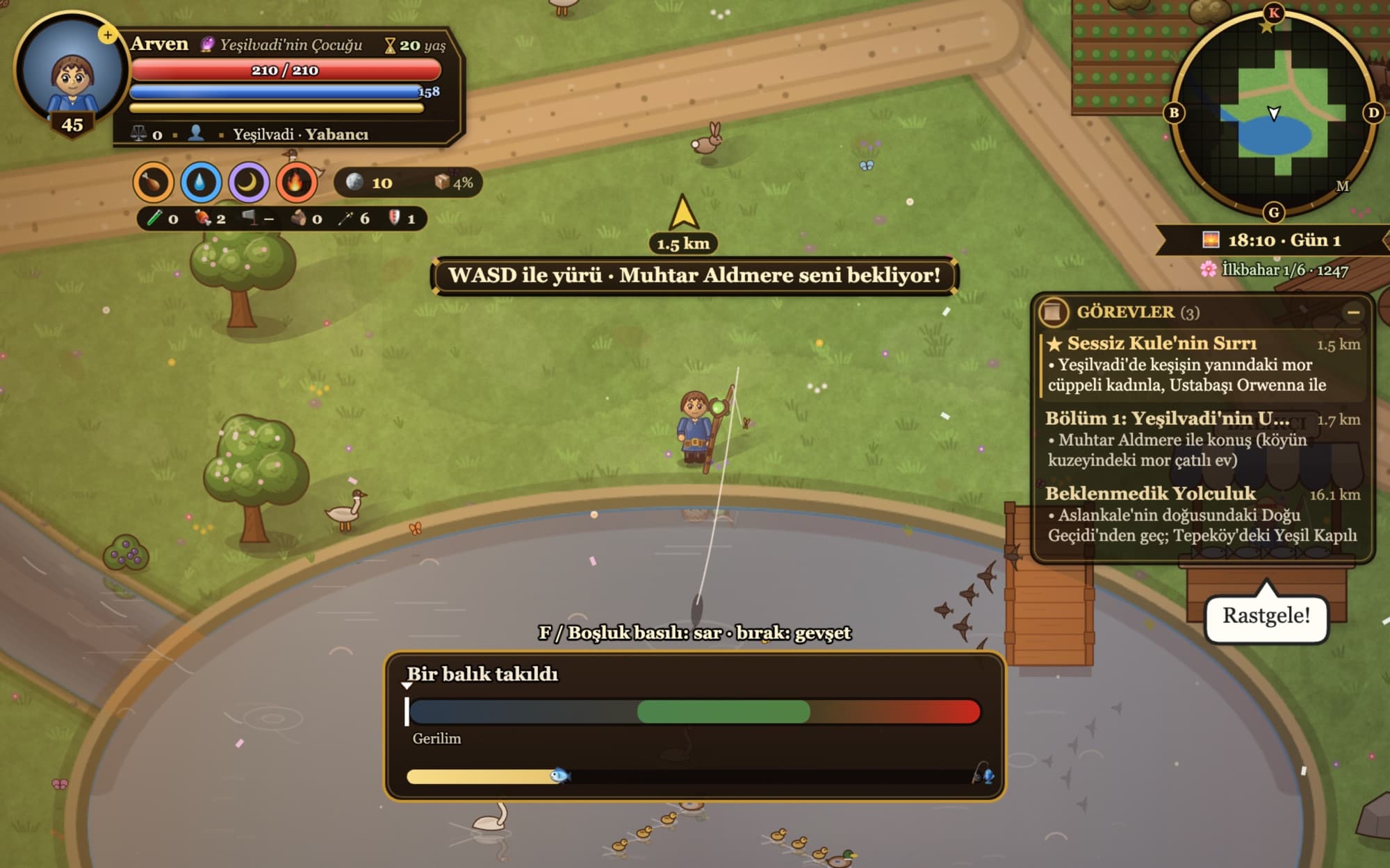 Fishing at Gümüş Göl lake shore: the line is cast and a tension bar mini-game shows a fish on the hook