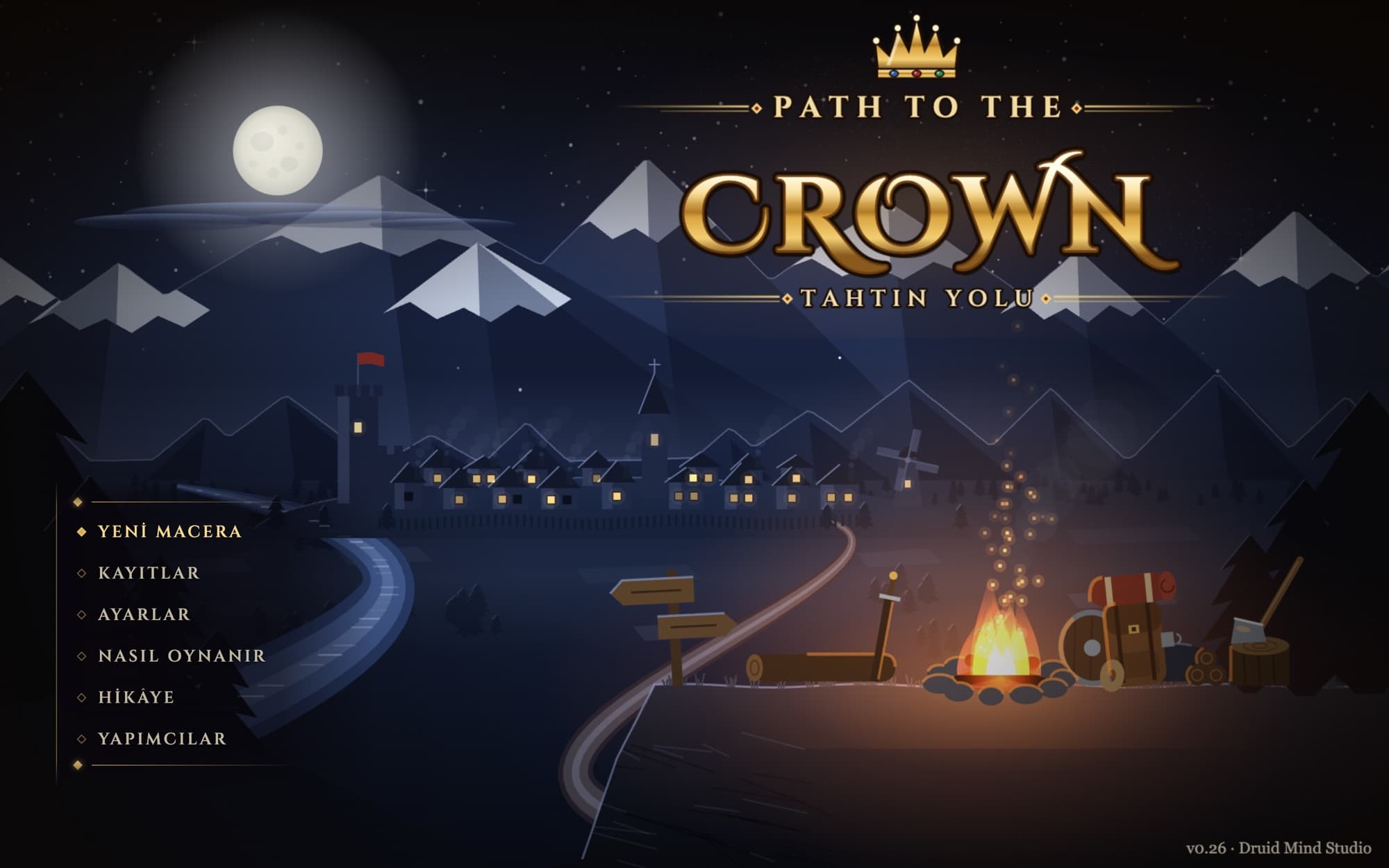 Path to the Crown title screen: a gold crown logo over a moonlit mountain castle and campfire, with the main menu on the left